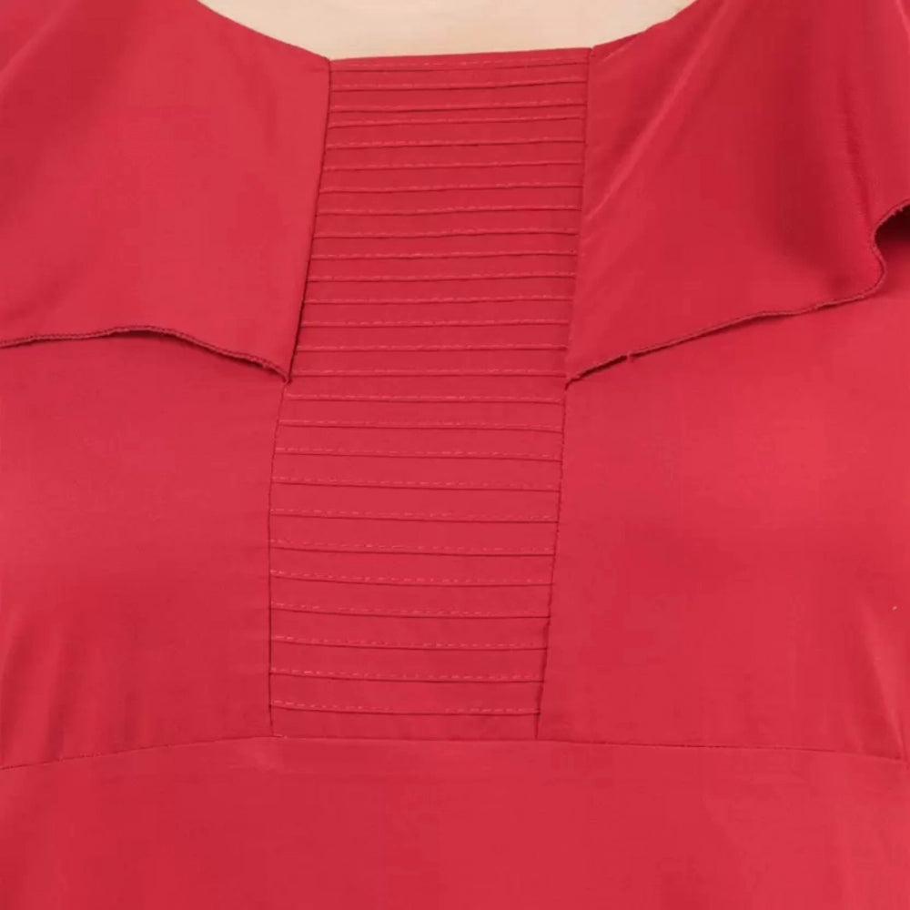 Maroon polyester fit-and-flare dress for women's casual occasions, round neck, short sleeves