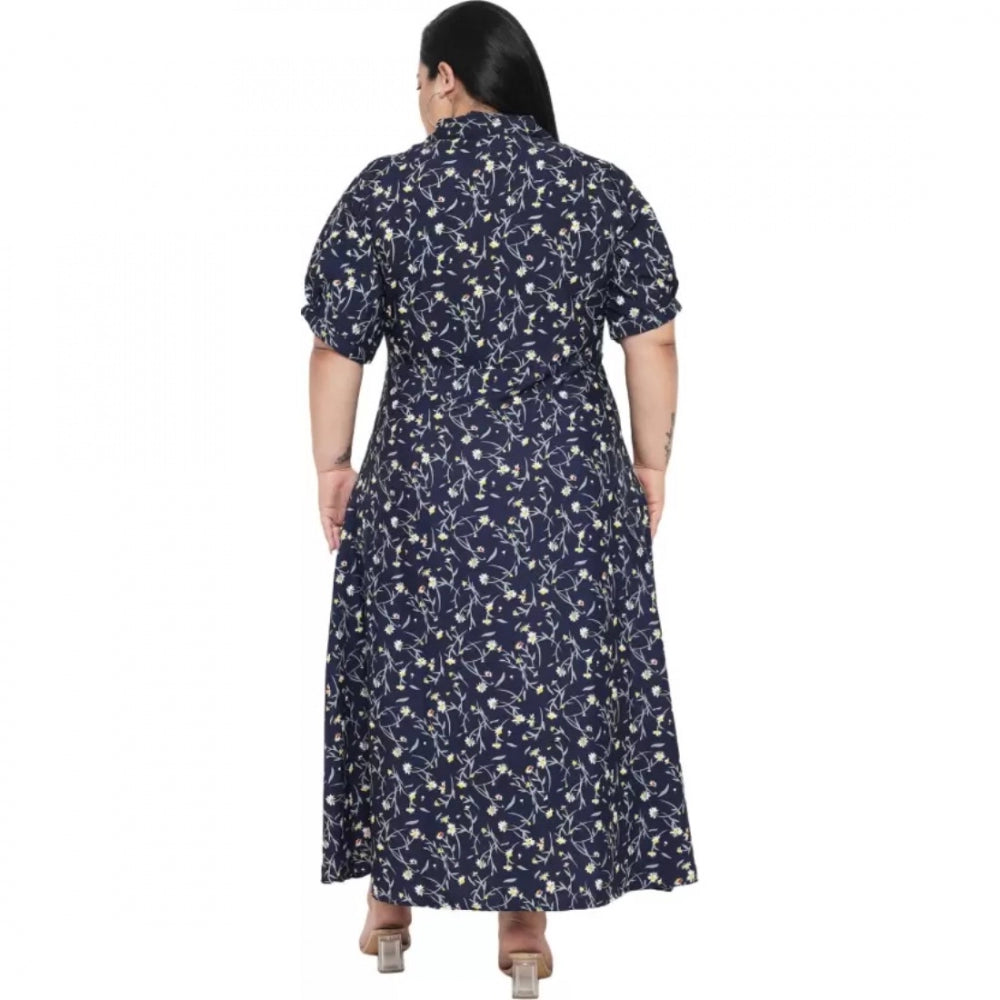 Blue polyester women's fit and flare dress, casual wear with short sleeves on hanger