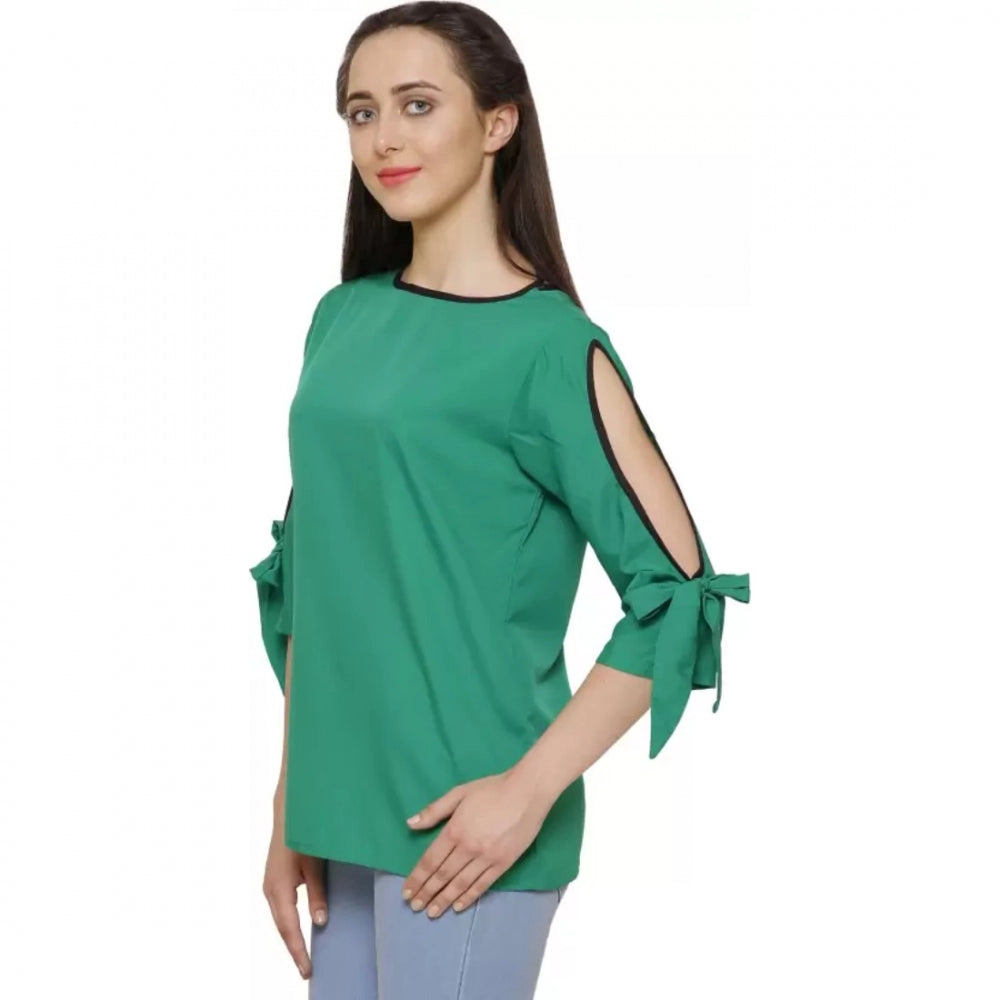 Green poly crepe casual slit sleeve top for women, round neck style