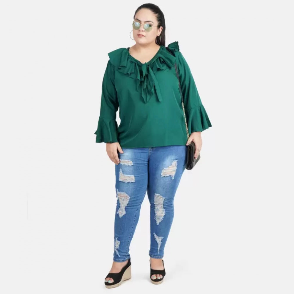 Green Georgette women's casual bell sleeve top with tie-up neck on mannequin