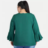 Green Georgette women's casual bell sleeve top with tie-up neck, full sleeves
