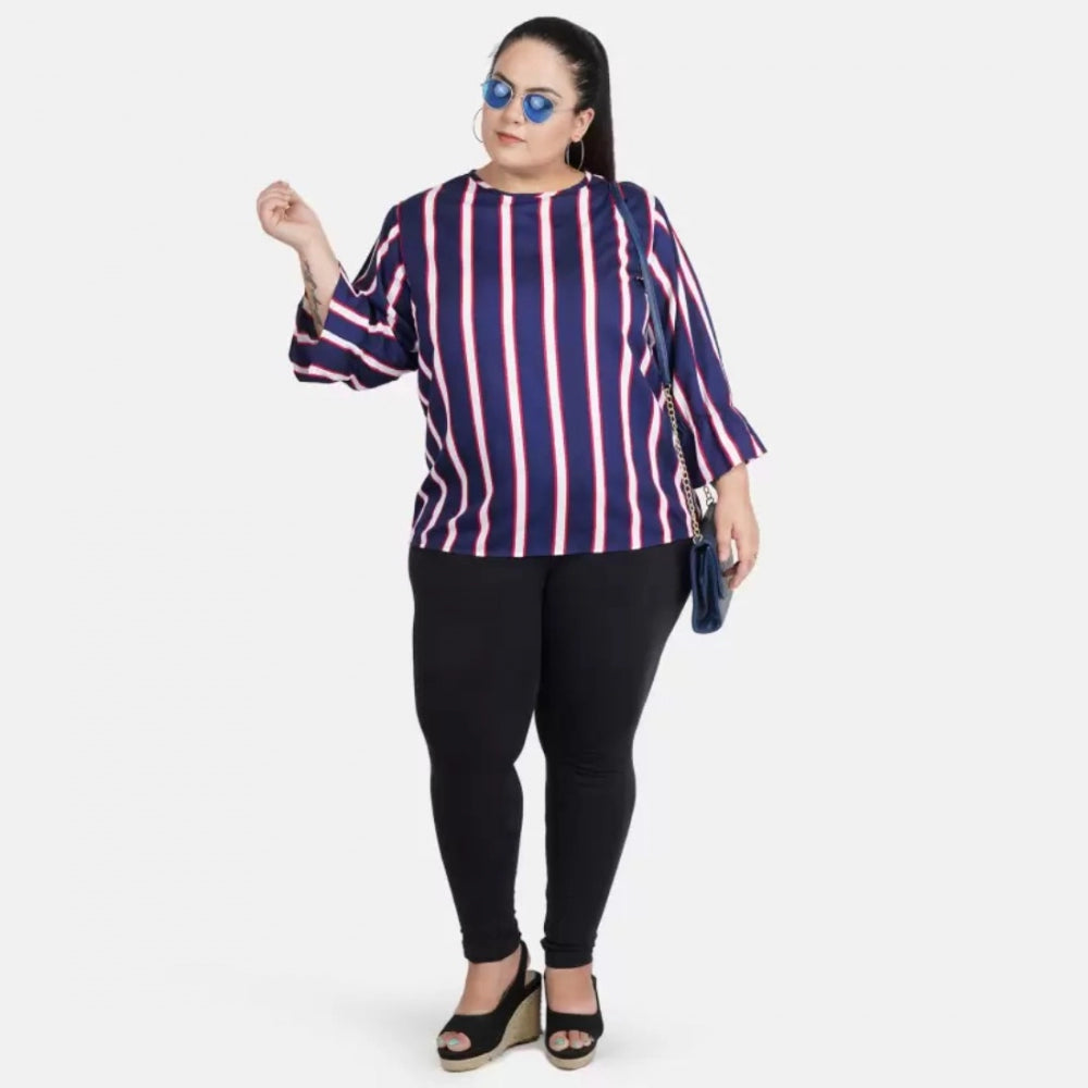 Blue crepe women's casual bell sleeve striped top - perfect for casual occasions