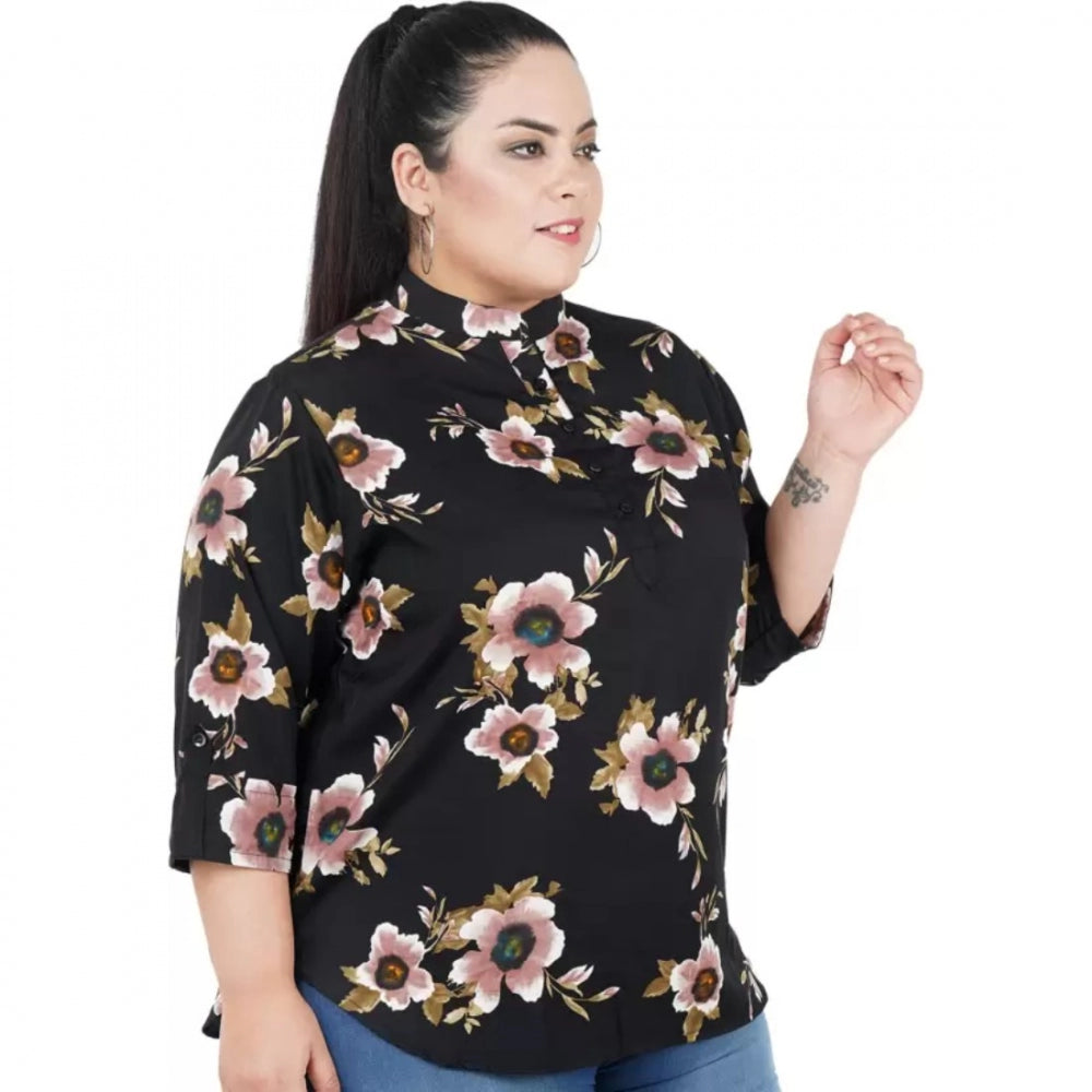 Black poly crepe women's casual three-quarter sleeve printed top, mandarin collar for casual occasions