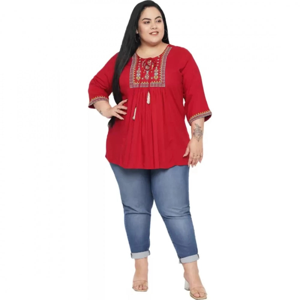 Maroon rayon embroidered women's casual top with 3/4 sleeves, perfect for everyday wear