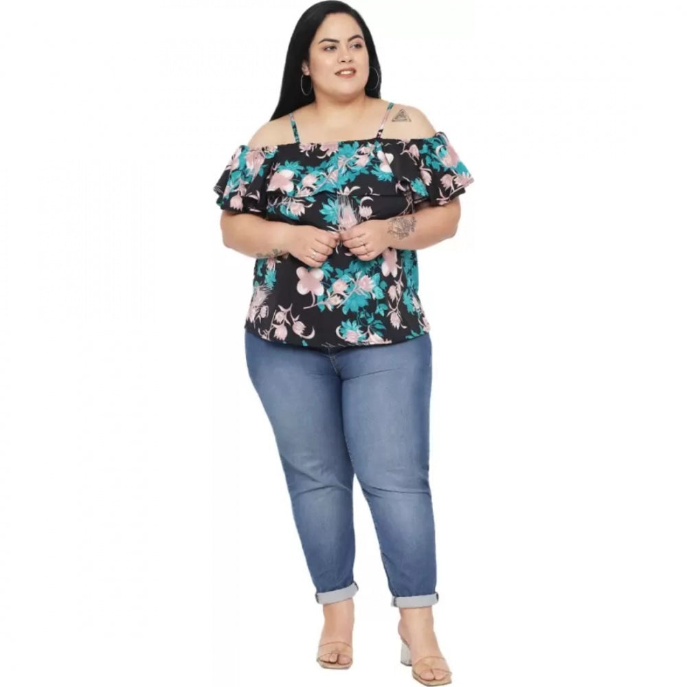 Black polyester women's off-shoulder top with cape sleeves, floral print for casual occasions