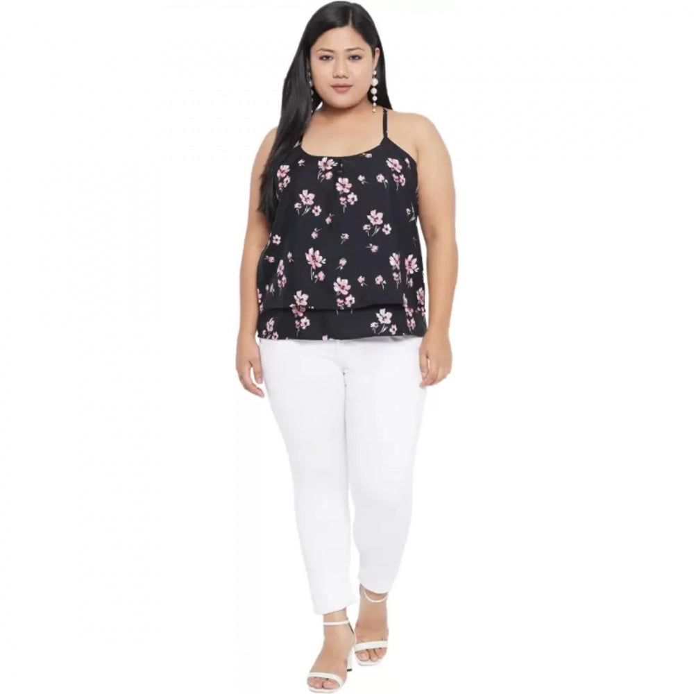 Black polyester women's casual floral print top, sleeveless round neck for everyday wear