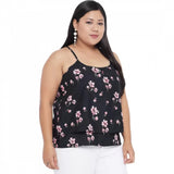Black polyester women's casual floral print top, sleeveless round neck design for casual occasions