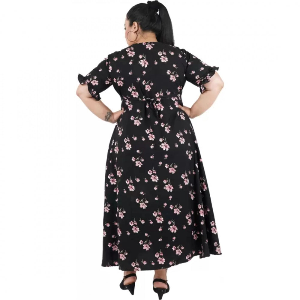 Black poly crepe women's maxi dress for casual occasions, round neck, short sleeves
