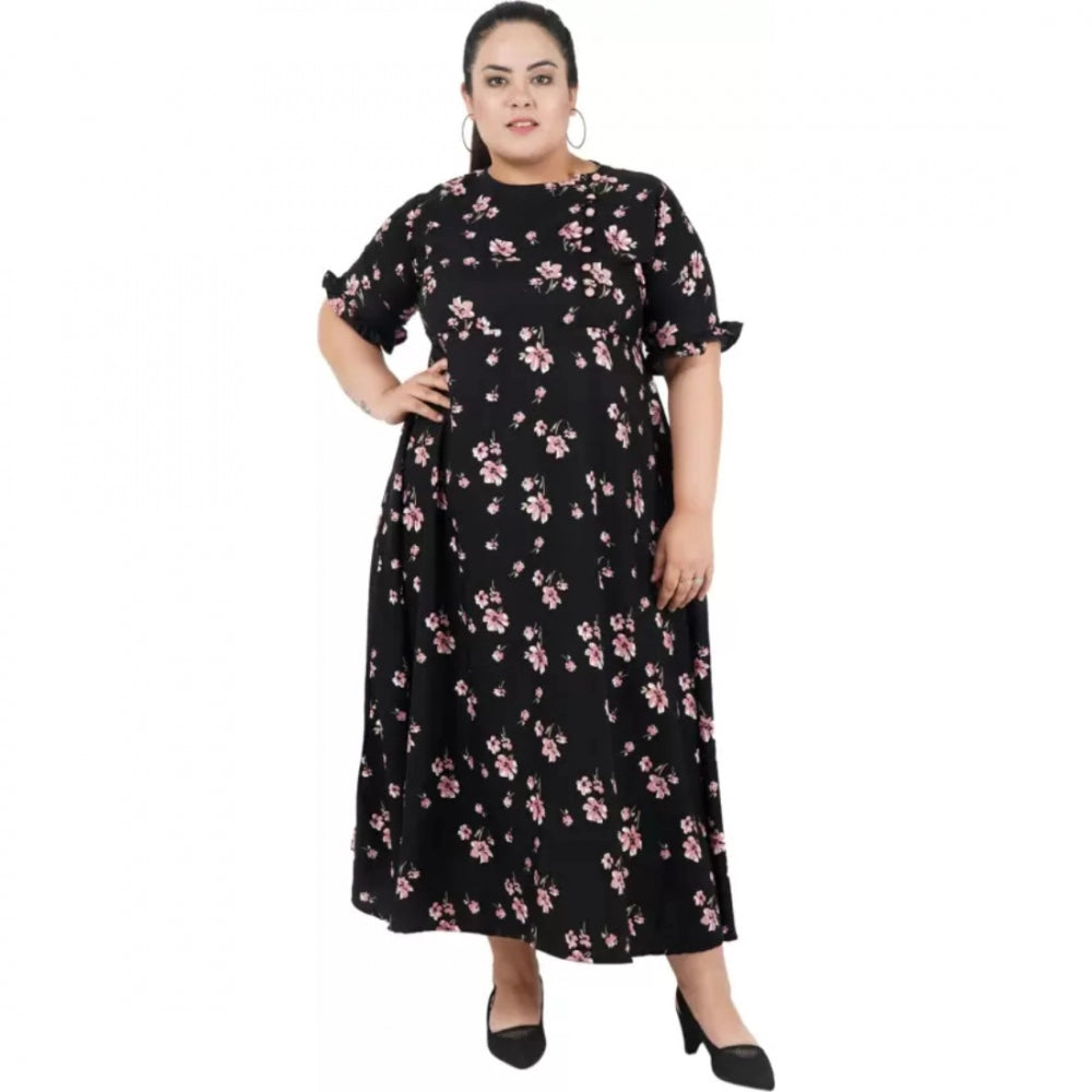 Black poly crepe women's maxi dress, short sleeves with round neckline for casual occasions