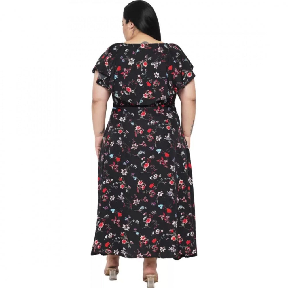 Black polyester fit-and-flare dress for women, short sleeve round neck, casual occasion