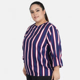Blue crepe women's casual bell sleeve striped top for casual occasions, close-up view