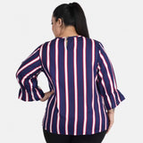 Blue crepe women's casual bell sleeve striped top - versatile for casual wear on flat lay