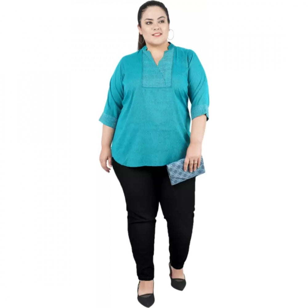 Light Blue cotton linen blend women's casual 3/4 sleeve embroidered top, mandarin collar style on mannequin