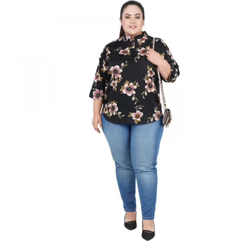 Black poly crepe women's casual three-quarter sleeve printed top with mandarin collar, suitable for casual occasions