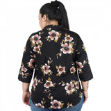 Black poly crepe women's casual three-quarter sleeve printed top with mandarin collar, suitable for casual occasions