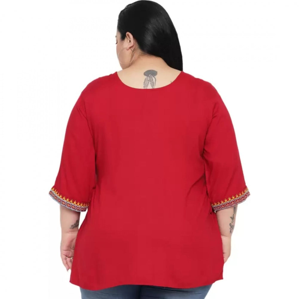 Maroon rayon embroidered women's casual top, 3/4 sleeve, round neck style for everyday wear