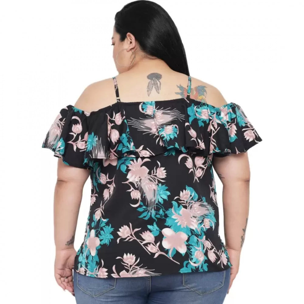 Black polyester women's casual floral print off-shoulder top with cape sleeves, ideal for a relaxed look
