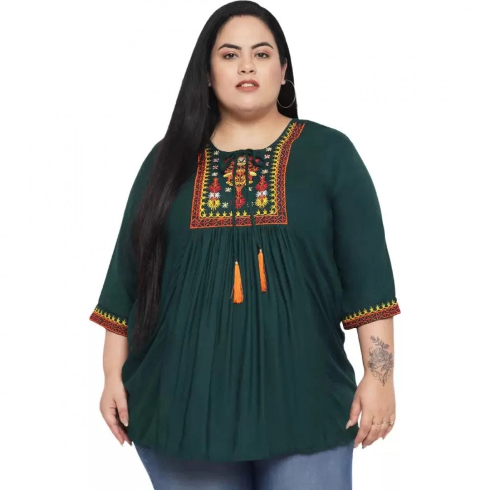 Dark Green Rayon Women's Casual Embroidered Top - 3/4 sleeve, round neck, casual occasion