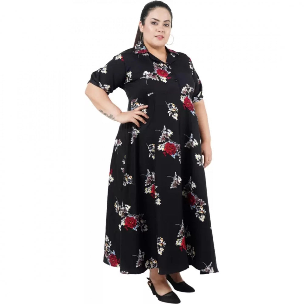 Female model in black polyester fit and flare dress posing with hands on hips