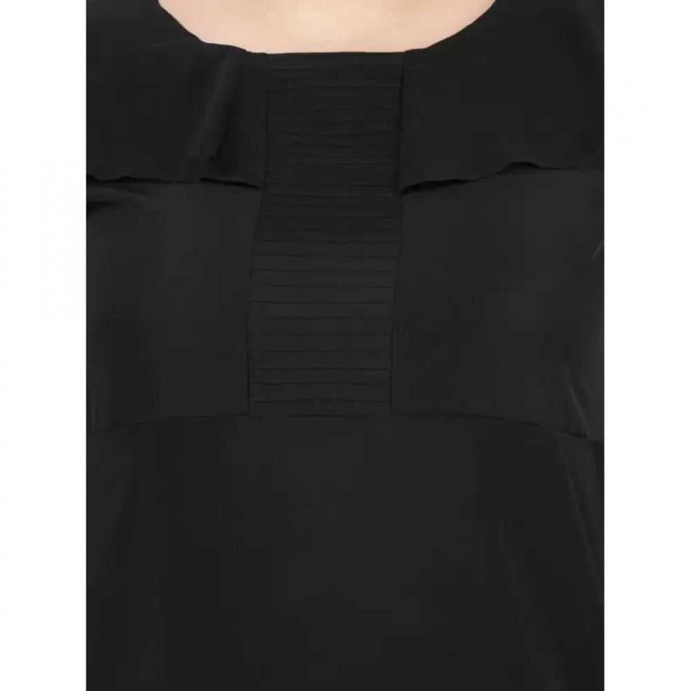 Black polyester fit-and-flare dress for women's casual occasions, round neck, short sleeves