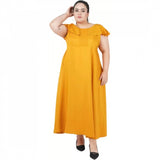 Yellow polyester fit and flare dress for women, casual occasion wear with round neckline and short sleeves