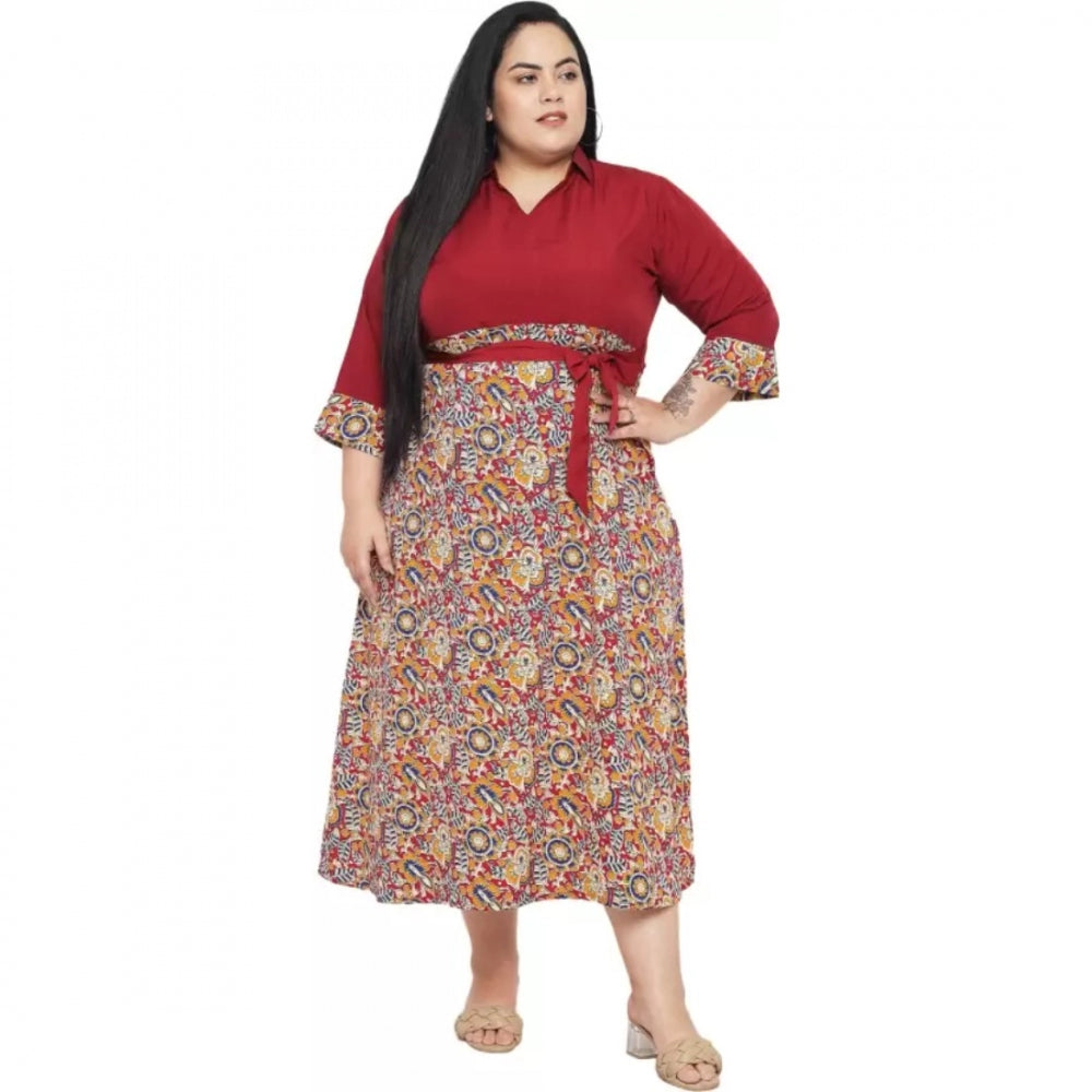Maroon fit and flare polyester dress for women, casual occasion with 3/4 sleeves