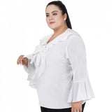 Women's white Georgette casual bell sleeve top, tie-up neck with full sleeves for casual occasions
