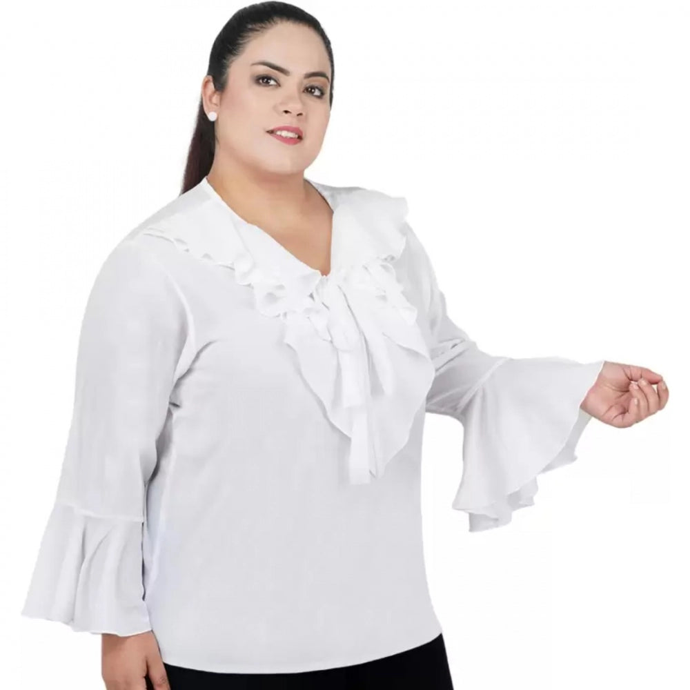 White georgette women's casual bell sleeve top with tie-up neck, full sleeve design for casual occasions