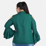 Green crepe women's casual bell sleeve top for everyday wear