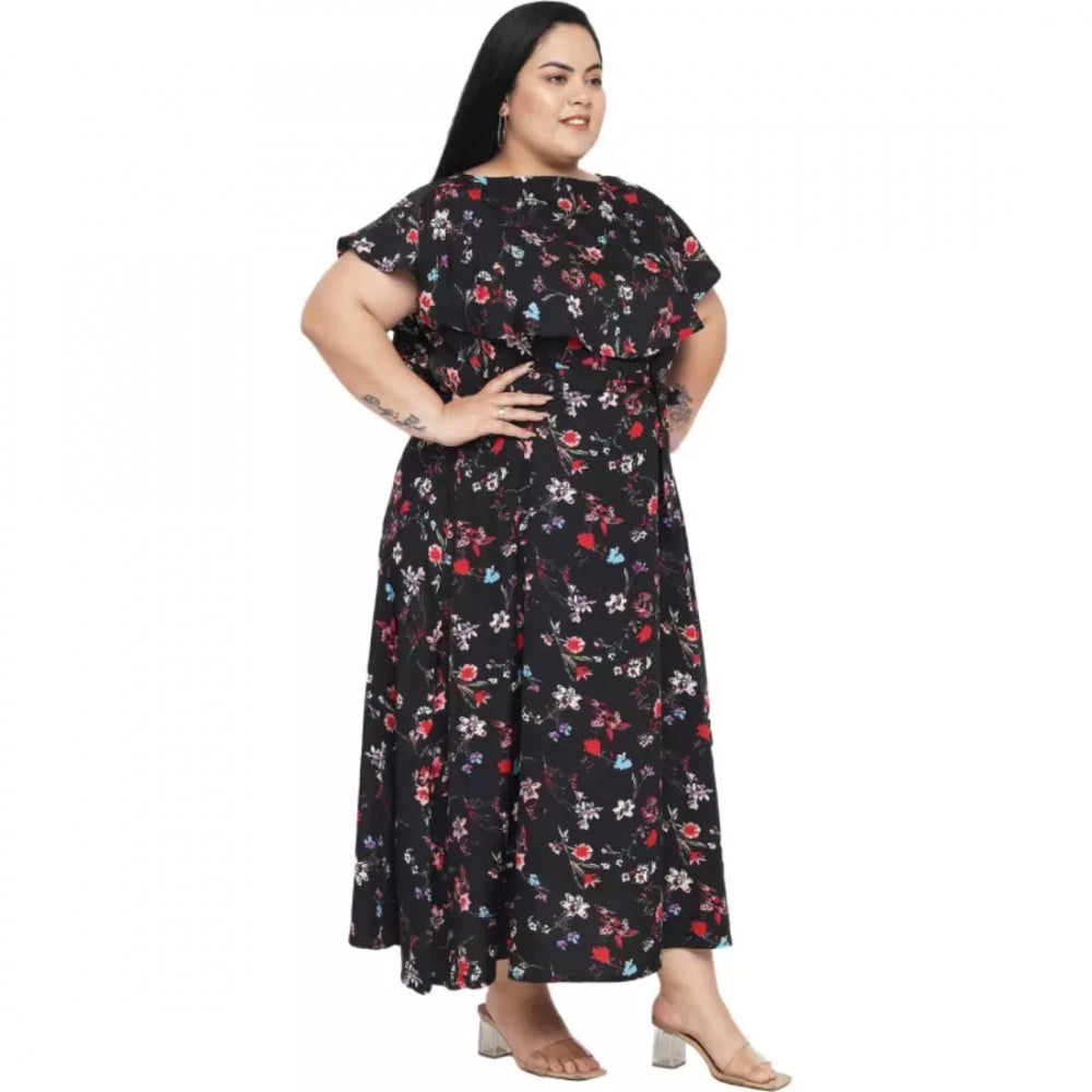 Black polyester fit and flare dress for women, suitable for casual occasions with round neck and short sleeves