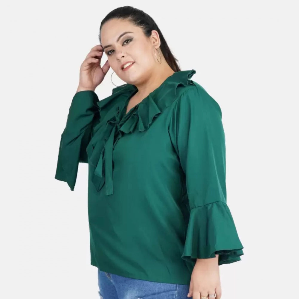 Green Georgette women's casual bell sleeve top with tie-up neck, full sleeves - ideal for a laid-back daytime look