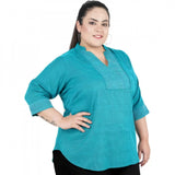 Light blue cotton linen blend women's casual three-quarter sleeve embroidered top, perfect for casual occasions