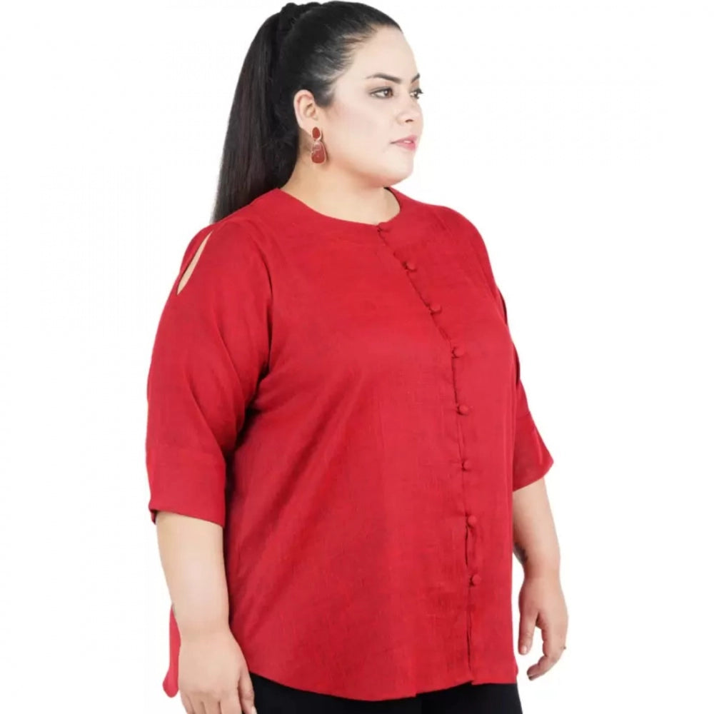 Maroon cotton linen blend women's casual top with 3/4 sleeves, ideal for everyday wear