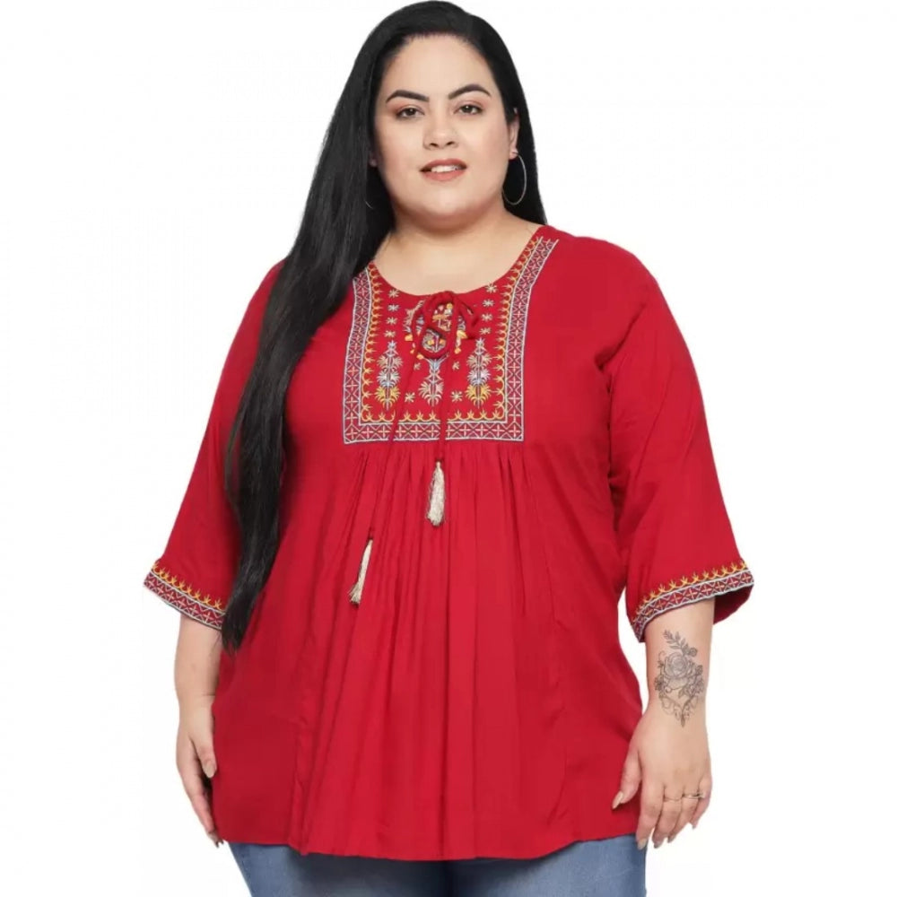 Maroon embroidered rayon casual top for women, 3/4 sleeve, round neck design