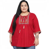 Maroon embroidered rayon casual top for women, 3/4 sleeve, round neck design