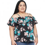 Black polyester women's off-shoulder floral print top with cape sleeves for casual wear
