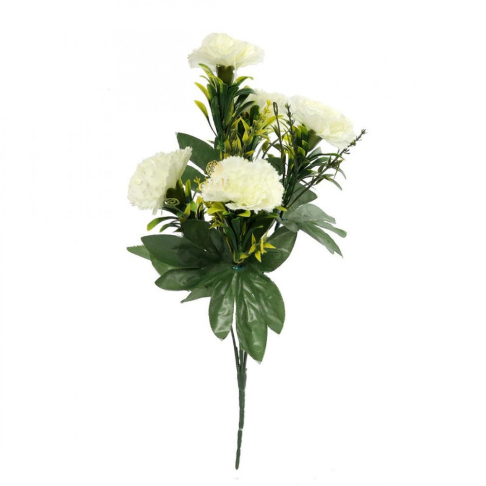 White silk & polyester carnations bouquet (5 pieces) - Artificial flowers for home decoration, suitable for living room, garden, or outdoor use. Perfect table decoration or fillers for every corner of the house. Ideal gift for special occasions like Valentine's Day or festivities