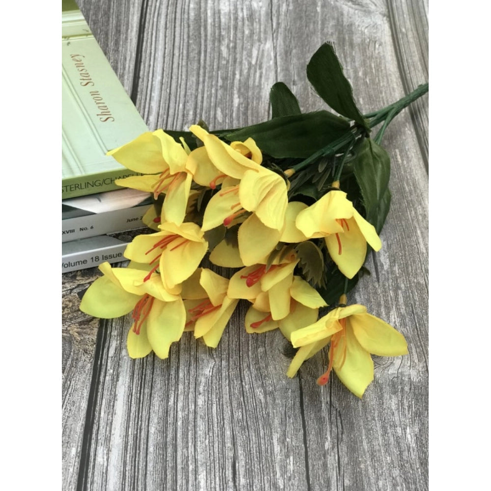 Yellow silk & polyester artificial lily flower bunch for home decoration