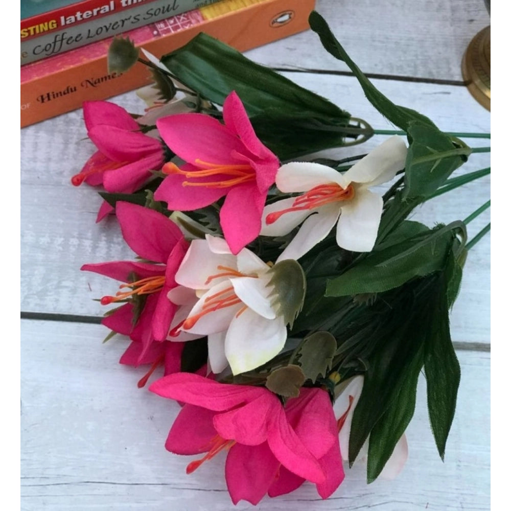 Pink & White Silk-Polyester Lily Flowers Bunch Bouquet for Home Decoration, ideal for indoor/outdoor use