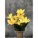Yellow silk & polyester flower bunch bouquet for home decoration, featuring lily flowers, ideal for indoor/outdoor use on tables or corners, perfect gift idea