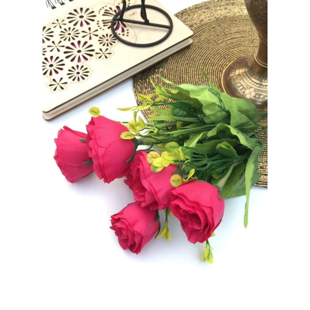 Darkpink silk & polyester flower bunch bouquet (6 garden roses) for home decoration & gifts - ideal for indoor/outdoor use