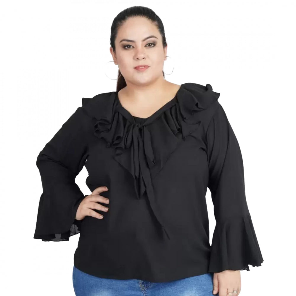 Black georgette women's casual bell sleeve top, tie-up neck, full sleeve for versatile everyday wear
