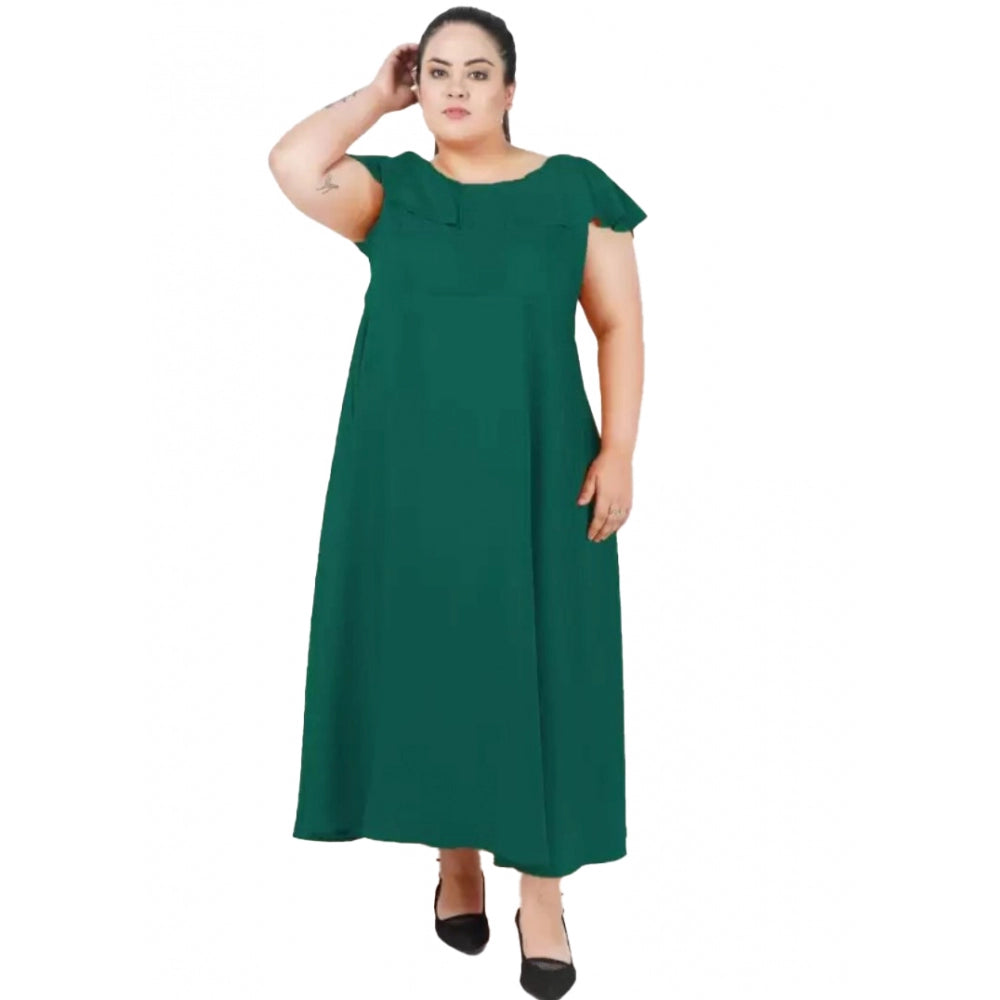 Green polyester fit and flare dress for women, casual occasion wear with round neckline and short sleeves