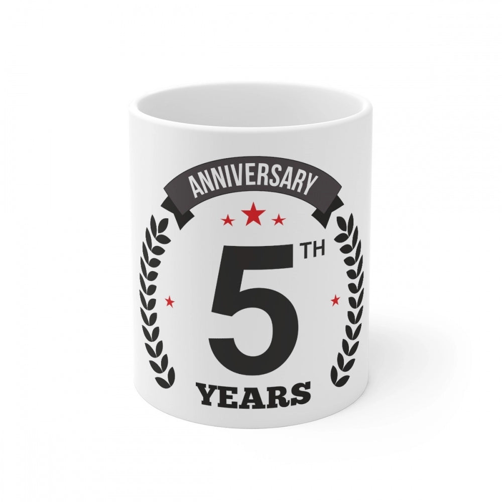 White ceramic coffee mug, celebrates 5th anniversary with printed text, holds 330ml
