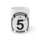 White ceramic coffee mug, celebrates 5th anniversary with printed text, holds 330ml