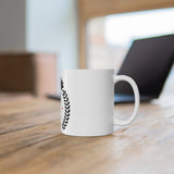 White ceramic coffee mug with anniversary print and 330ml capacity