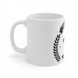 White ceramic coffee mug with printed anniversary design