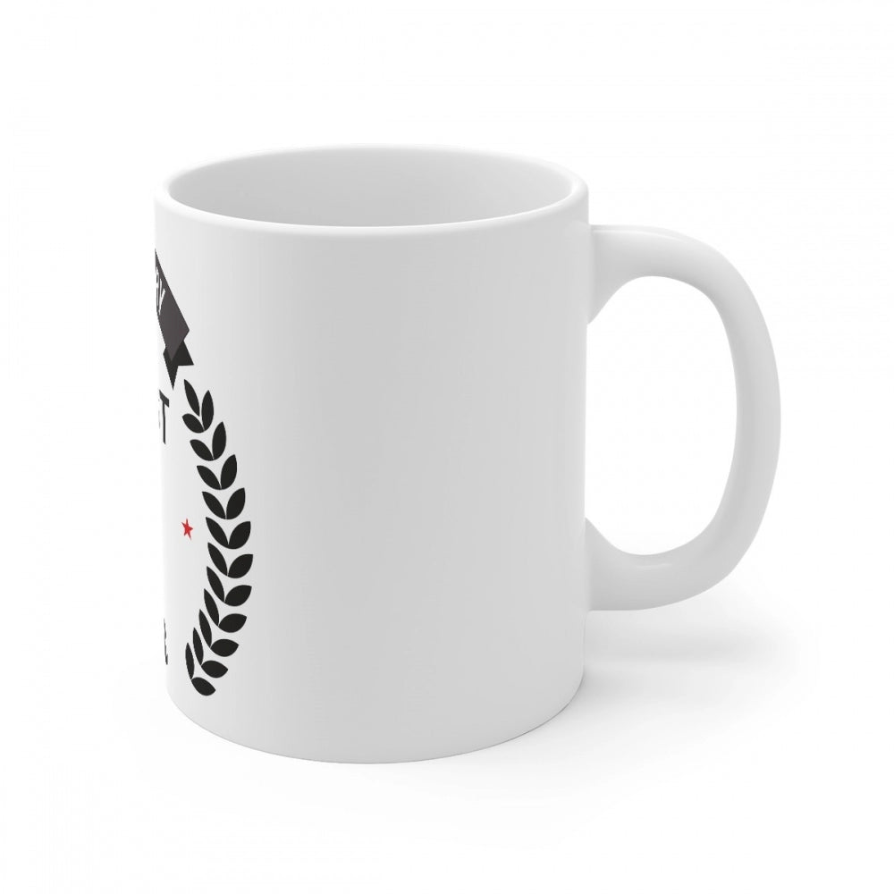 White ceramic coffee mug with handle, decorated in 10th anniversary print
