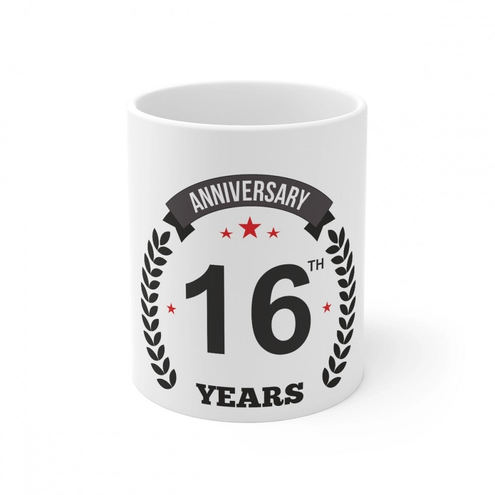 Anniversary coffee mug with printed design and "16th anniversary" text