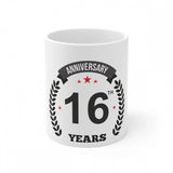 Anniversary coffee mug with printed design and "16th anniversary" text